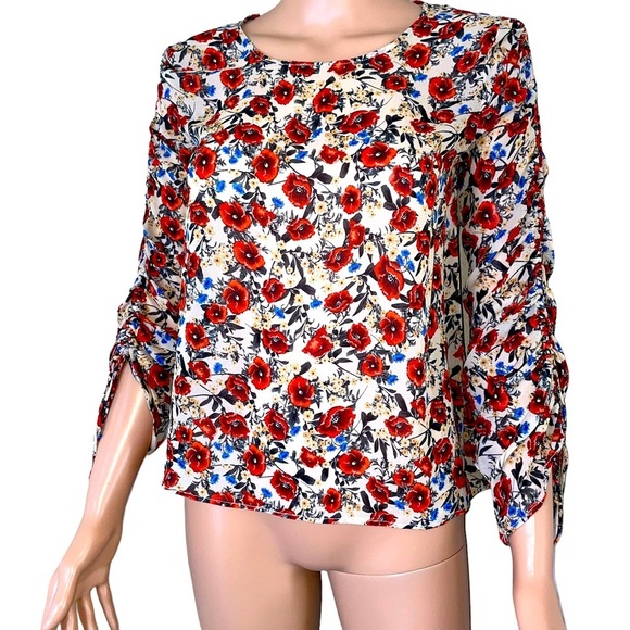 Zara Women blouse top floral print white red Premium Denim Collection Flowy SZ M - Picture 3 of 8